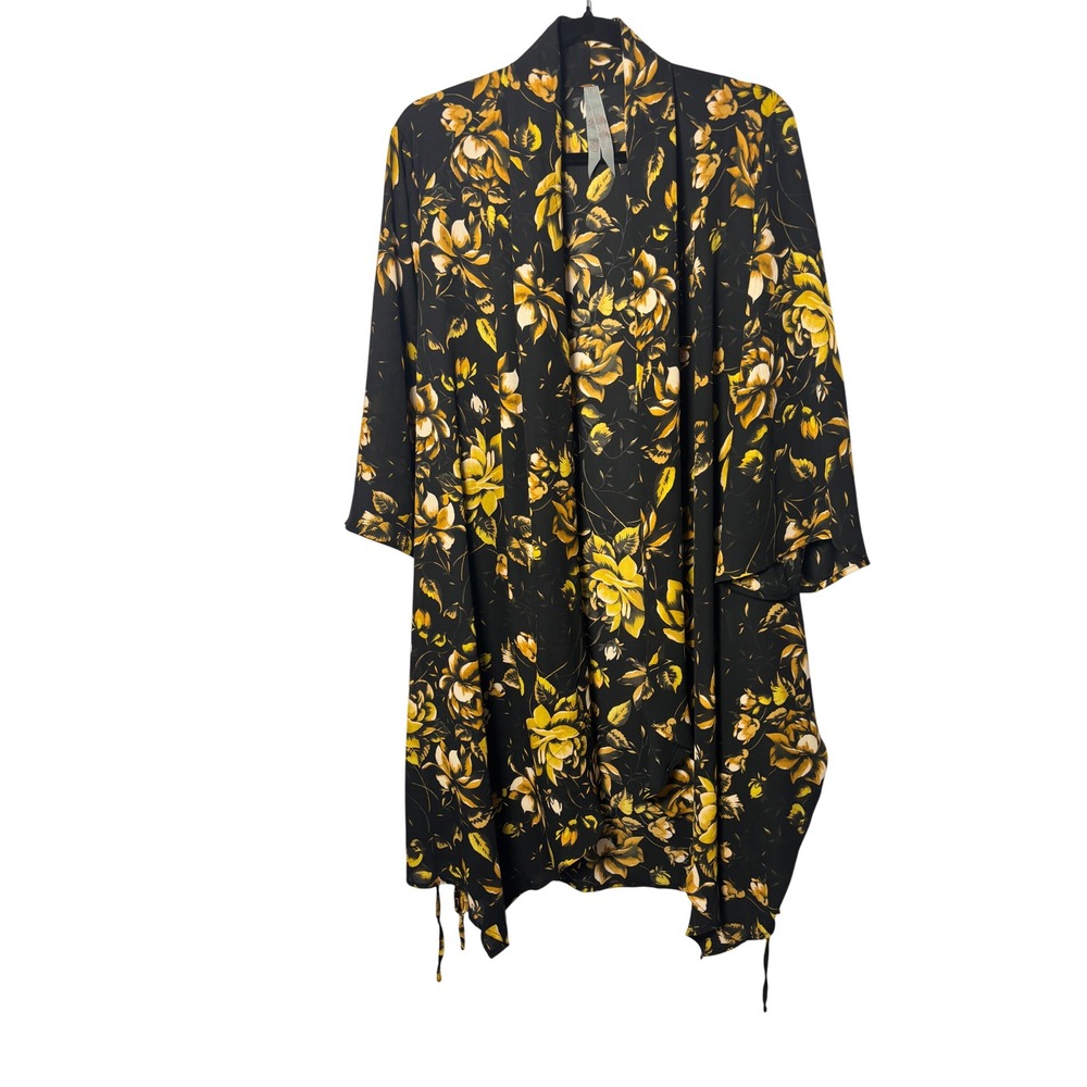 Melissa McCarthy Seven7 Kimono 1X Black Yellow Floral Ruched Boho Cardigan